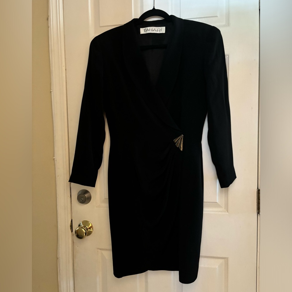 TAHARI LONG SLEEVE WRAP DRESS WITH GUNMETAL ACCENT